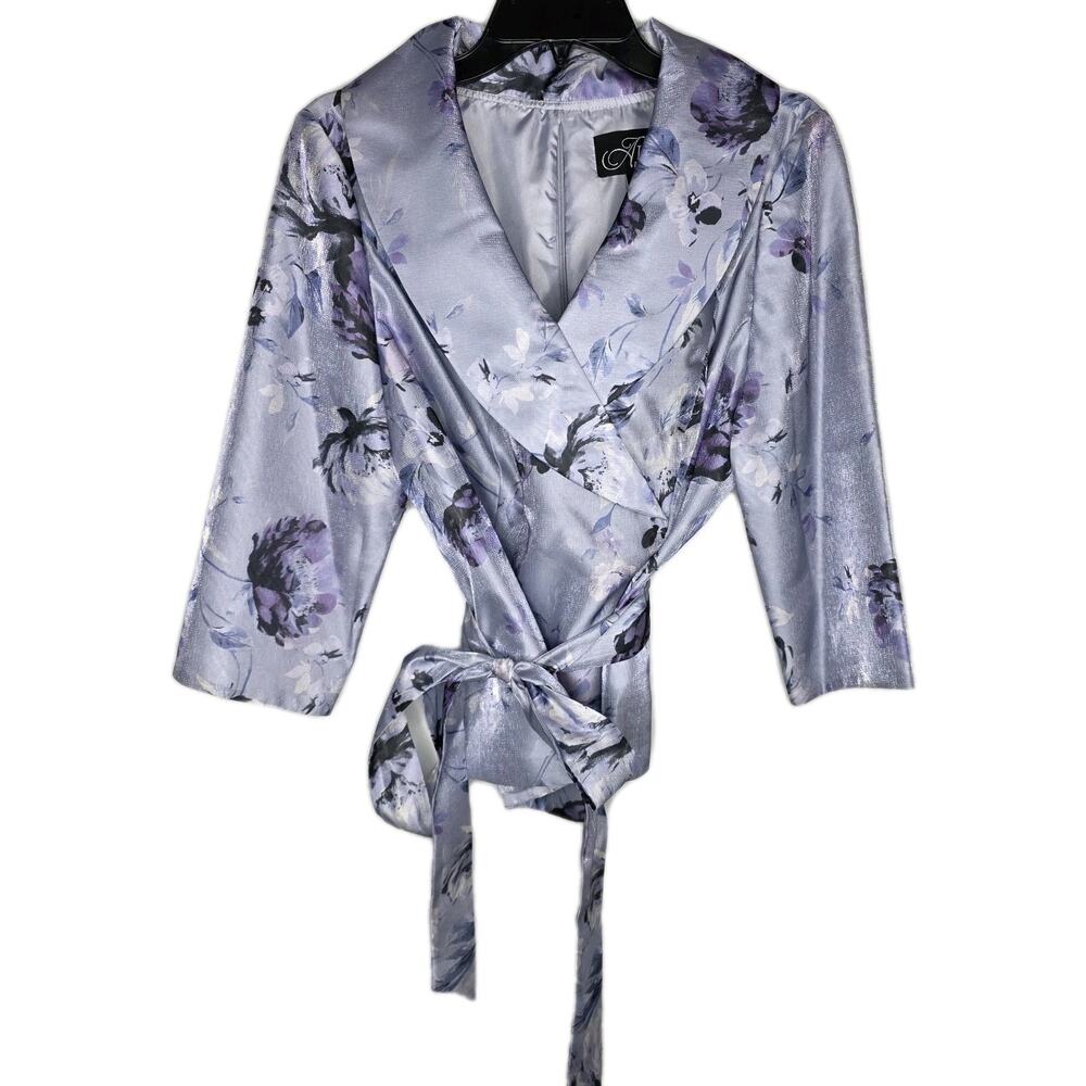 Alex Evenings Purple Floral V-Neck Taffeta Side Tie Dress Top Size Large